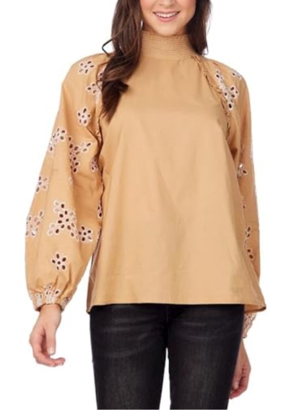 NWT Boho Tan Eyelet Floral Puff Sleeve Blouse